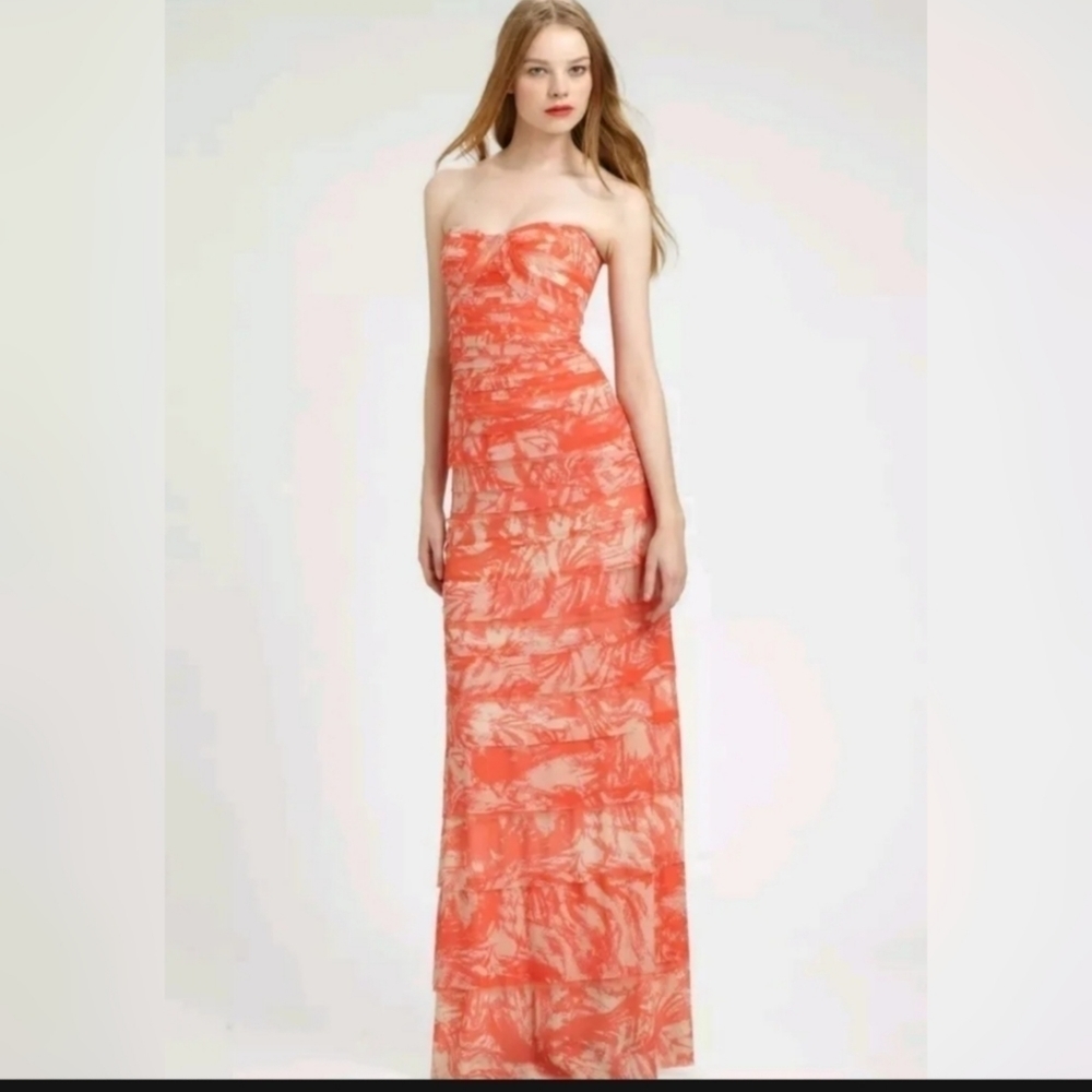 BCBGMaxAzria Coral and Cream Strapless Maxi Dress